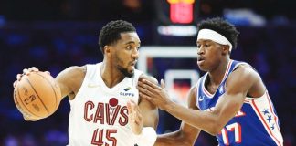 Cleveland Cavaliers guard Donovan Mitchell attacks the defense of Philadelphia 76ers rookie VJ Edgecombe. AP