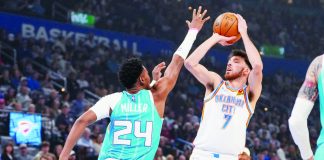 Oklahoma City Thunder center Chet Holmgren (7) looks to shoot over Charlotte Hornets forward Brandon Miller (24). AP