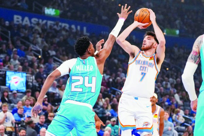 Oklahoma City Thunder center Chet Holmgren (7) looks to shoot over Charlotte Hornets forward Brandon Miller (24). AP