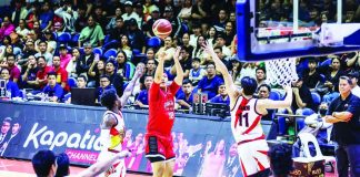 Barangay Ginebra San Miguel Kings’ Ralph Cu rises for a three-pointer during Game 1 of the PBA Season 50 Philippine Cup semifinals. PBA PHOTO
