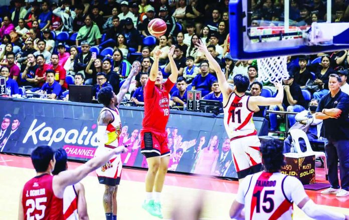 sports_PBA_resized_compressed Barangay Ginebra San Miguel Kings’ Ralph Cu rises for a three-pointer during Game 1 of the PBA Season 50 Philippine Cup semifinals. PBA PHOTO