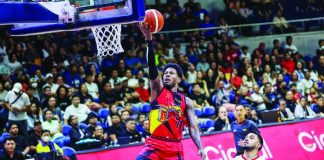 San Miguel Beermen’s Jaymar Perez soars for a layup during his career-high 41-point performance against Barangay Ginebra. PBA PHOTO