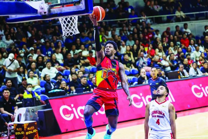 San Miguel Beermen’s Jaymar Perez soars for a layup during his career-high 41-point performance against Barangay Ginebra. PBA PHOTO
