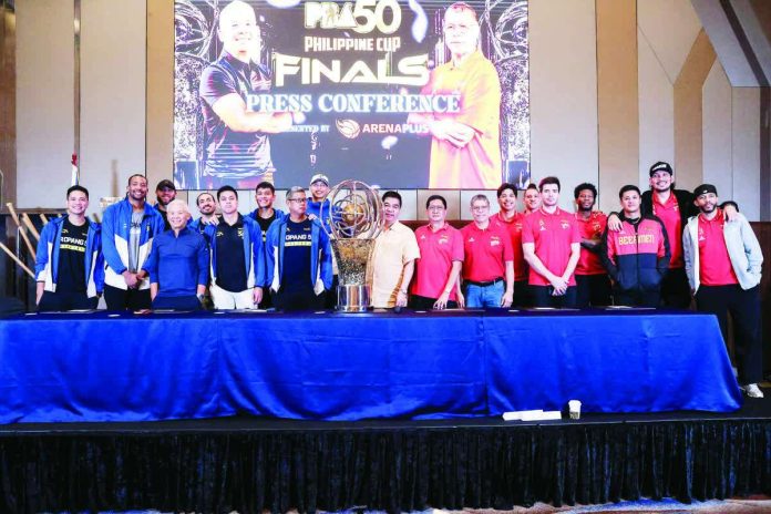 sports_SMB_resized_compressed Members of TNT Tropang 5G and San Miguel Beermen with PBA Commissioner Willie Marcial. PBA PHOTO