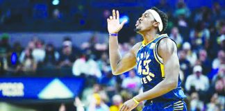 Indiana Pacers’ Paskal Siakam gestures after a made basket against Boston Celtics. PHOTO COURTESY OF FIELD LEVEL MEDIA