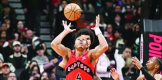 Toronto Raptors forward Scottie Barnes loses handle of the ball as Philadelphia 76ers’ Tyrese Maxey looks on. PHOTO COURTESY OF DAN HAMILTON/IMAGN IMAGES