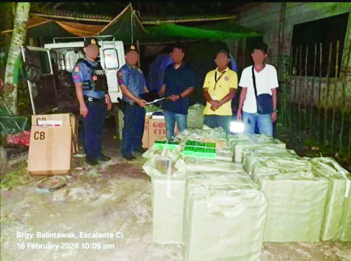 PRO-NIR_cigarettes_resized_compressed Confiscated master cases of alleged illicit cigarettes worth P787,500 were displayed following a police operation in Barangay Balintawak, Escalante City, Negros Occidental on February 16. The items were seized by the Police Regional Office – Negros Island Region during a routine patrol. PRO-NIR PHOTO