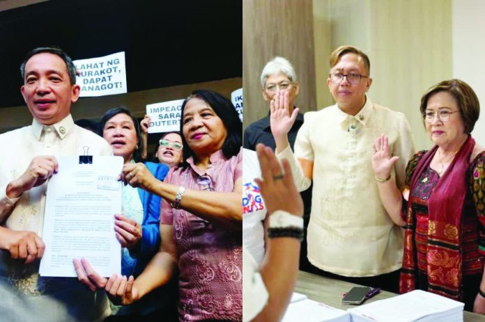 Renewed_copy_resized_compressed Composite photo shows Cong. Antonio Tinio (ACT Teachers Party-list) and members of the Makabayan Coalition holding up the impeachment complaint they filed against Vice President Duterte on Feb. 2, 2026. It also shows Cong. Perci Cendaña (Akbayan Party-List) and Cong. Leila de Lima (ML Party-List) taking their oath as endorsers of the second impeachment complaint.