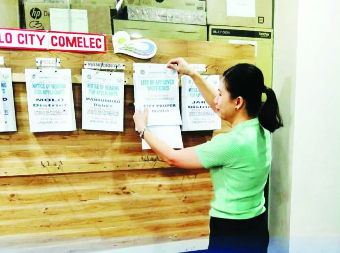 An election officer posts the List of Approved Voters on the bulletin board of the Office of the Election Officer–Iloilo City as part of the Commission on Elections’ verification process following the January 2026 Election Registration Board hearing and voter database cleanup. The list covers the period October 20 to December 30, 2025. COMELEC-ILOILO CITY FACEBOOK