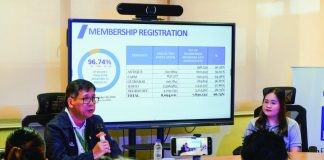 Philippine Health Insurance Corporation – Region 6 vice president Lazaro Tabsing presents the region’s 96.74% membership registration rate during a press briefing in Iloilo City, as shown on a screen detailing enrollment figures across Western Visayas provinces. PIA-6 PHOTO