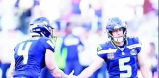 Jason Myers of the Seattle Seahawks celebrates a field goal with Michael Dickson during the first quarter of Super Bowl LX against the New England Patriots at Levi’s Stadium in Santa Clara, California. KEVIN C. COX/GETTY IMAGES
