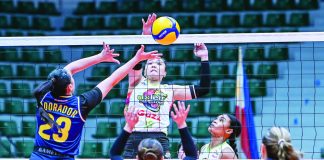 Nxled Chameleons’ Lyann de Guzman attacks against the Capital1 Solar Energy Solar Spikers during their PVL All-Filipino Conference match at the Ynares Center in Montalban, Rizal. PVL PHOTO