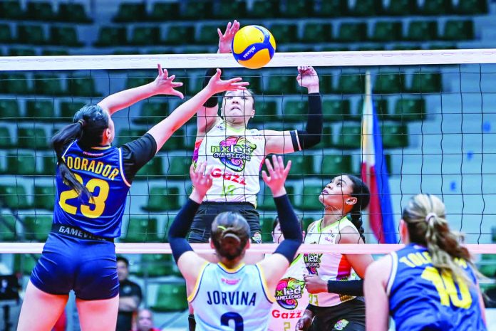 Nxled Chameleons’ Lyann de Guzman attacks against the Capital1 Solar Energy Solar Spikers during their PVL All-Filipino Conference match at the Ynares Center in Montalban, Rizal. PVL PHOTO