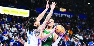 Milwaukee Bucks forward Ousmane Dieng was hit in the face by Oklahoma City Thunder center Jaylin Williams. AP