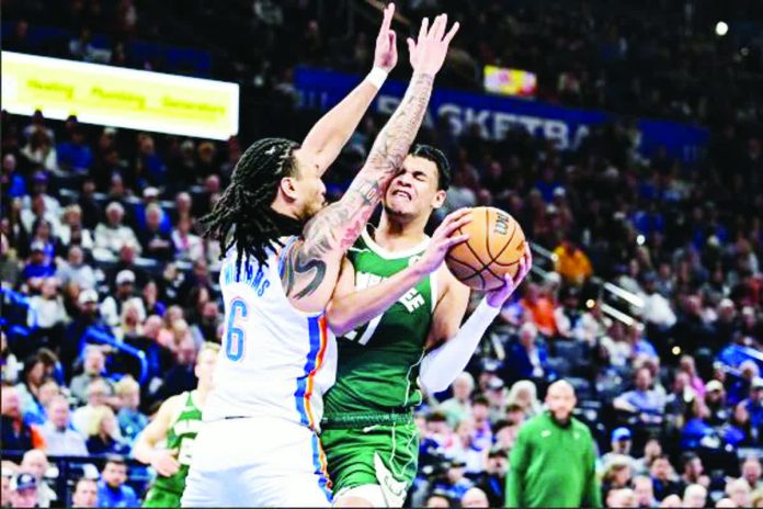 Milwaukee Bucks forward Ousmane Dieng was hit in the face by Oklahoma City Thunder center Jaylin Williams. AP