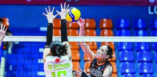 Negrense Erika Jin Deloria of Galeries Tower Highrisers fires one against Nxled’s Lyann de Guzman. PVL PHOTO