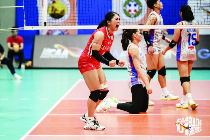Angel Habacon delivered a triple-double with 21 points, 15 digs, and 13 receptions in San Beda University Lady Red Spikers’ game against the Arellano University Lady Chiefs, anchoring the Lady Red Spikers as they improved to 3-0 in Group B of the ongoing NCAA Season 101 women’s volleyball. NCAA PHOTO