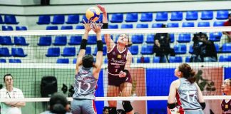 University of Perpetual Help Lady Altas’ Cyrille Almeniana unloads a powerful hit against the Lyceum of the Philippines University Lady Pirates’ defense during their NCAA Season 101 clash at the San Andres Sports Complex. NCAA PHOTO