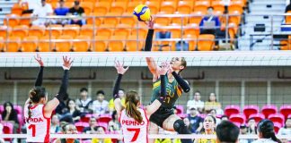 Far Eastern University’s Jaz Ellarina rises for an attack against the University of the East defense during their UAAP Season 88 women’s volleyball clash at the UST Quadricentennial Pavilion. UAAP PHOTO