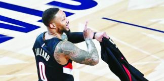 Damian Lillard of the Portland Trail Blazers celebrates during a three-point contest as part of the 2026 NBA All-Star Weekend at the Intuit Dome in Inglewood, California. PHOTO BY ADAM HAGY/GETTY IMAGES