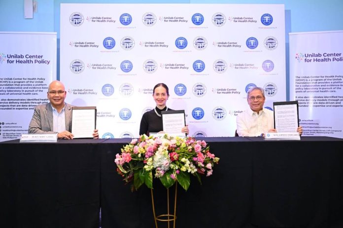 unilab UCHP Program Director Ruben John Basa, Ormoc City Mayor Lucy Torres-Gomez, and Gatchalian Medical Center Chairman Atty. Garney Candelaria sign a memorandum of understanding to boost healthcare delivery in geographically isolated and disadvantaged areas.