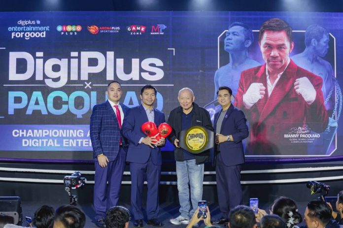 bingoplus-pacman Manny Pacquiao with DigiPlus Interactive Corp Chairman Eusebio Tanco and AB Leisure Exponent Inc President Jasper Vicencio