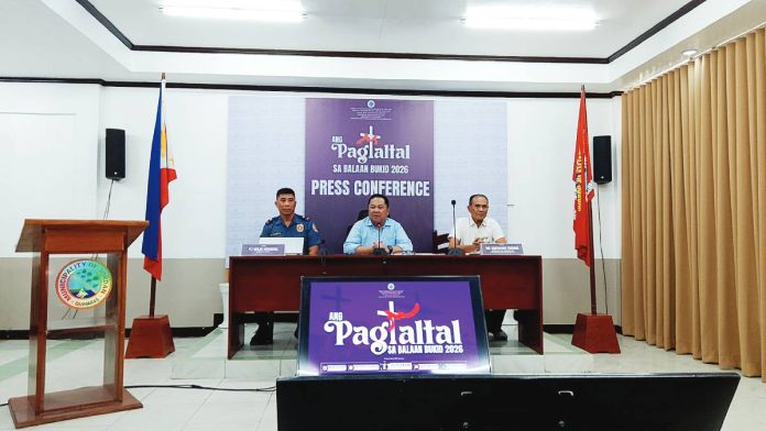 Officials and organizers, including Benjie Ganancial, Mayor John Edward Gando, and Bartolome Togonon, discussed preparations for the 48th “Ang Pagtaltal sa Balaan Bukid” during a press conference in Jordan, Guimaras.
