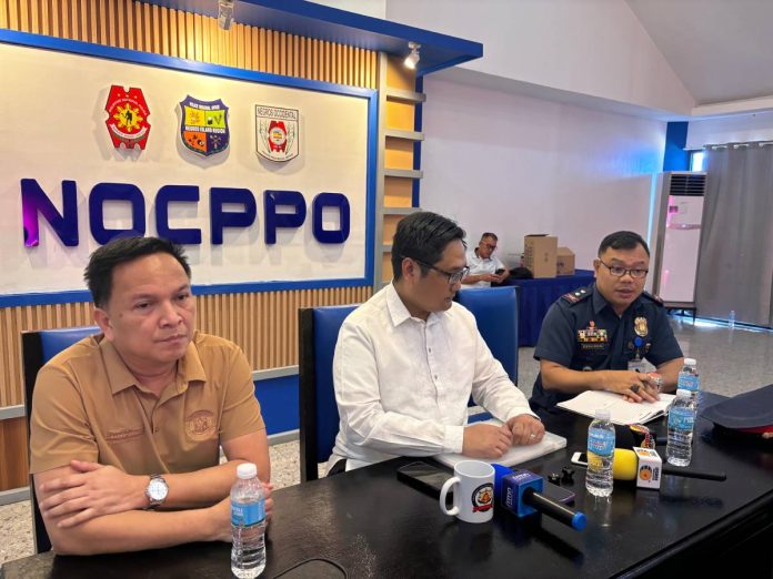 Negros broadcaster Lawyers Glenn Eric Peralta and Francis Rupert Mangrobang of the Presidential Task Force on Media Security, along with Police Capt. Judesses Catalogo, spokesperson of the Negros Occidental Police Provincial Office, hold a media conference on March 24, at the NOCPPO headquarters to discuss updates on the investigation into the killing of broadcaster Julito “Jaz” Calo. MAE SINGUAY/PN