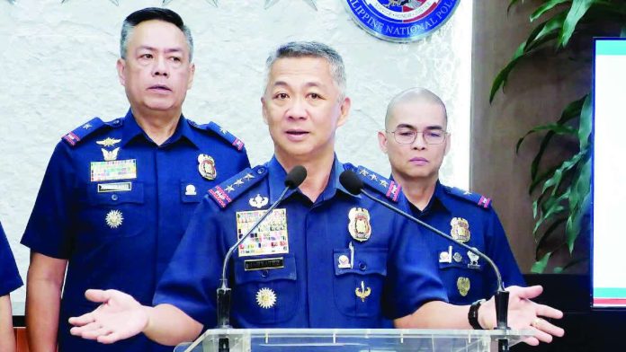Philippine National Police chief Lieutenant General Jose Melencio Nartatez Jr. answers questions from the media at Camp Crame in Quezon City. INQUIRER.NET/RYAN LEAGOGO