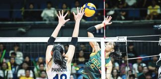 Far Eastern University Lady Tamaraws’ Lovely Lopez scores against the defense of Negrense Arah Panique of National University Lady Bullpups. UAAP PHOTO
