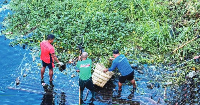 Clean-up teams retrieve plastic waste and water hyacinths from a polluted waterway in Iloilo City, highlighting ongoing environmental challenges despite intensified efforts under the Environmental Management Bureau’s Adopt-an-Estero Program. PHOTO FROM ENVIRONMENTAL MANAGEMENT BUREAU - WESTERN VISAYAS