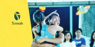 Honey Grace Cordero and Vilmarie Toos of National University celebrate after clinching the women’s title in the Beach Volleyball Republic Nuvali Open.