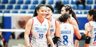 Moming Padillon delivers key points as Arellano University fends off Emilio Aguinaldo College in a four-set victory during the NCAA Season 101 women’s volleyball tournament at the San Andres Sports Complex. NCAA PHOTO