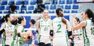 College of Saint Benilde Lady Blazers celebrate after clinching a Final Four berth in the NCAA Season 101 women’s volleyball tournament. NCAA PHOTO