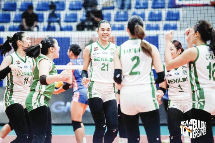 sports CSB College of Saint Benilde Lady Blazers celebrate after clinching a Final Four berth in the NCAA Season 101 women’s volleyball tournament. NCAA PHOTO