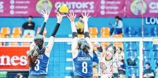 Negrense Jonah Sabete-Escamillan of Nxled Chameleons scores against the defense of Jovelyn Gonzaga and Thea Gagate of ZUS Coffee Thunderbelles. PVL PHOTO