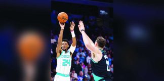 Charlotte Hornets forward Brandon Miller shoots the ball against the Portland Trail Blazers during the first quarter of their encounter at Spectrum Center. REUTERS