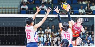 Cignal Super Spikers’ Vanessa Gandler attacks against the defense of Negrense Bernadette Pons of Creamline Cool Smashers. PVL PHOTO