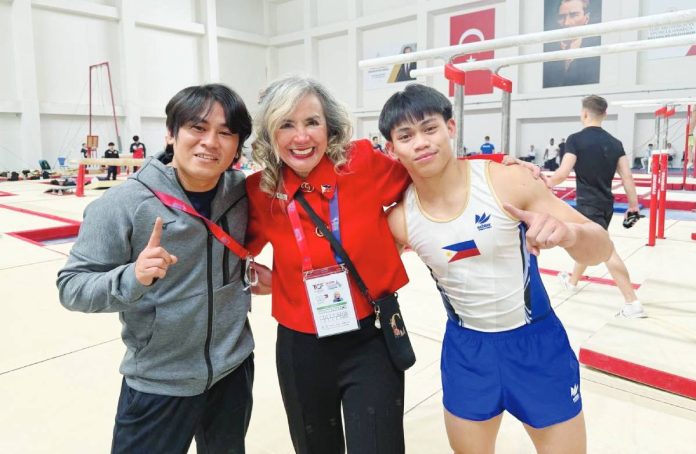 Karl Jahrel Eldrew Yulo captures the gold medal in the men’s floor exercise at the Artistic Gymnastics World Cup in Antalya, Turkey. He is shown here with (inset) Gymnastics Association of the Philippines president Cynthia Carreon and a coach. Yulo is following the footsteps of his elder brother, two-time Olympic gold medalist Carlos. GAP PHOTO