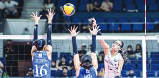 Adamson University Lady Falcons’ Shaina Nitura scores against the defense of Dona Mae de Leon of Ateneo de Manila University Blue Eagles. UAAP PHOTO