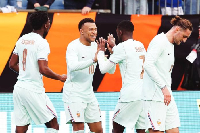 France captain Kylian Mbappe celebrates after scoring against Brazil in an international friendly. GETTY IMAGES