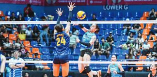 Jean Asis of Galeries Tower Highrisers attempts to score against Cherry Nunag of Capital1 Solar Energy Solar Spikers. PVL PHOTO