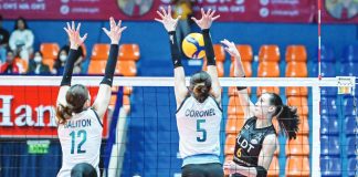 Savannah Davison of PLDT High Speed Hitters converts against the defense of Julia Coronel of Galeries Tower Highrisers. PVL PHOTO