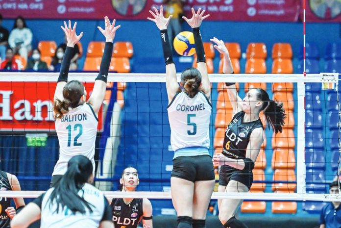 sports High Savannah Davison of PLDT High Speed Hitters converts against the defense of Julia Coronel of Galeries Tower Highrisers. PVL PHOTO