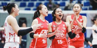 Emilio Aguinaldo College Lady Generals celebrate after stunning University of Perpetual Help to force a do-or-die quarterfinal showdown in the NCAA Season 101 women’s volleyball tournament. NCAA PHOTO