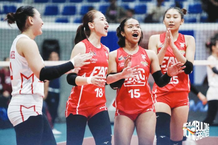 sports NCAA copy Emilio Aguinaldo College Lady Generals celebrate after stunning University of Perpetual Help to force a do-or-die quarterfinal showdown in the NCAA Season 101 women’s volleyball tournament. NCAA PHOTO