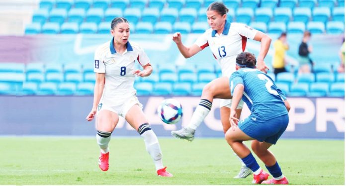 sports PH Angie Beard scores the opening goal for the Philippine women’s national football team against Uzbekistan. PSC PHOTO