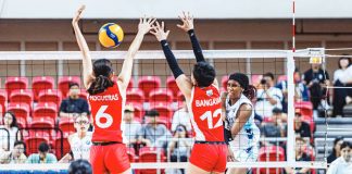 Adamson University Lady Falcons’ Frances Mordi scores against the defense of University of the East Lady Warriors’ Khy Cepada. UAAP PHOTO