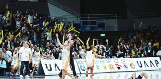 Kathrina Insoy celebrates after University of Santo Tomas Junior Golden Tigresses completed their title defense in the UAAP Season 88 Girls’ Basketball tournament. UAAP PHOTO