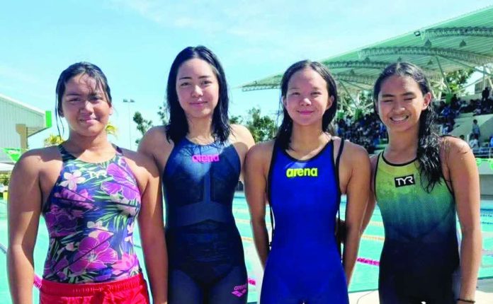 Members of Bacolod City secondary girls’ 4x100-meter medley relay team Savannah Secuelan, Rhianne Gonzales, and Anika Kathryn Matiling. CONTRIBUTED PHOTO